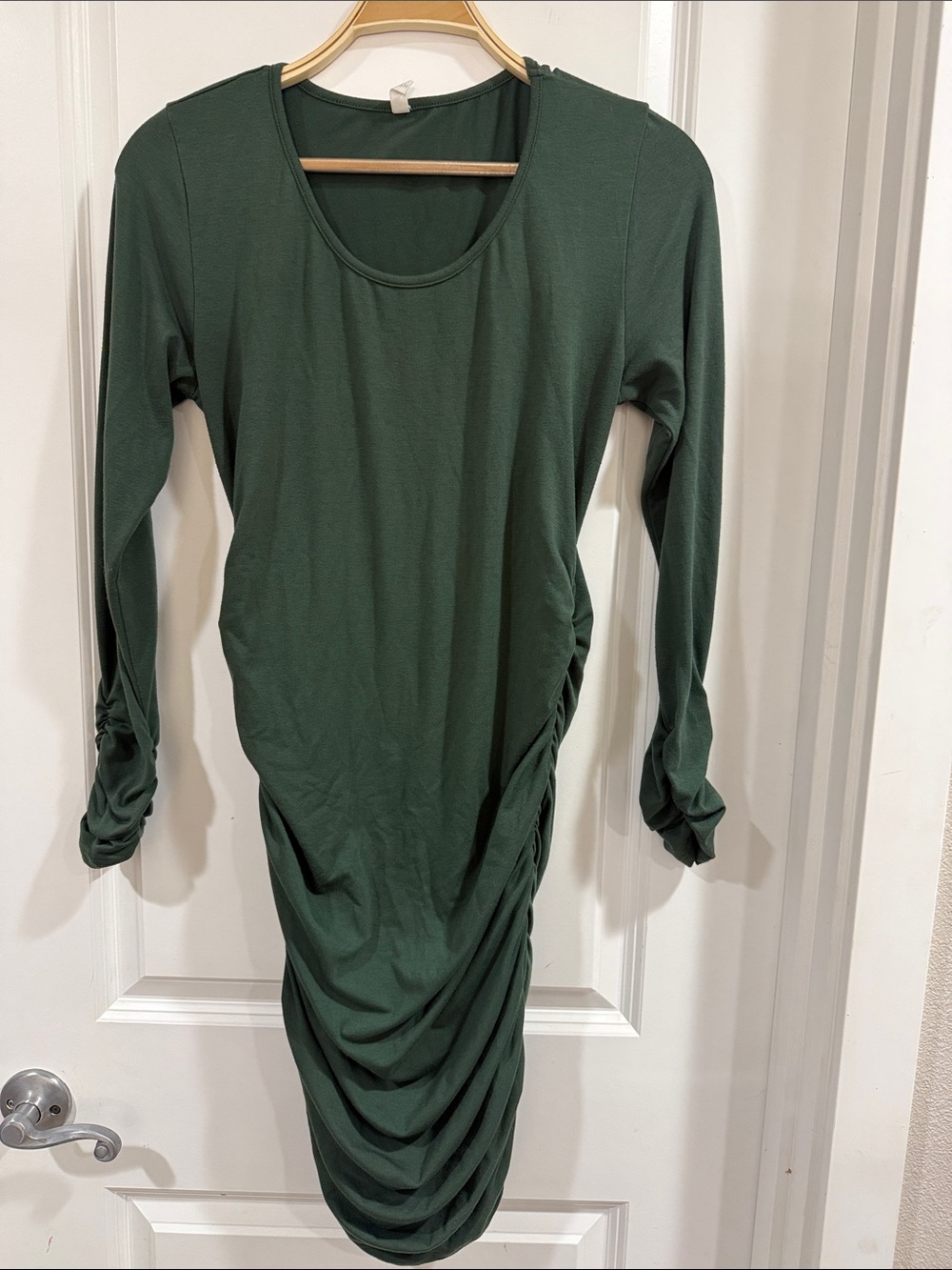 PinkBlush Olive Green Ruched Long Sleeve Maternity Dress